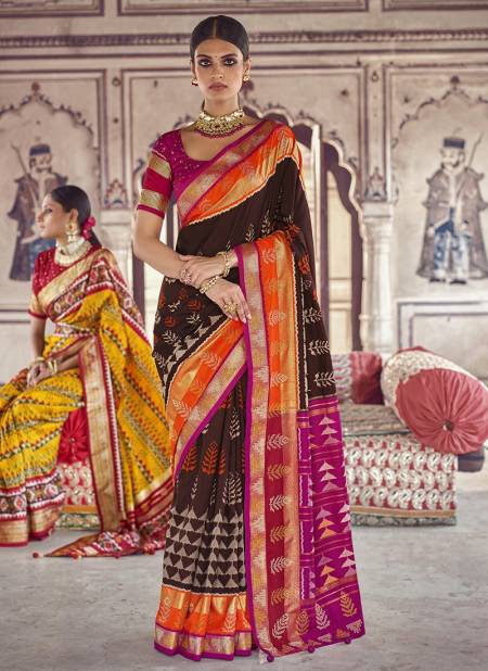 Brown Colour BK Rewaa Patola Silk Wedding Wear Hand Printed With Heavy Jacquard Border and swarovski work Saree Collection 110